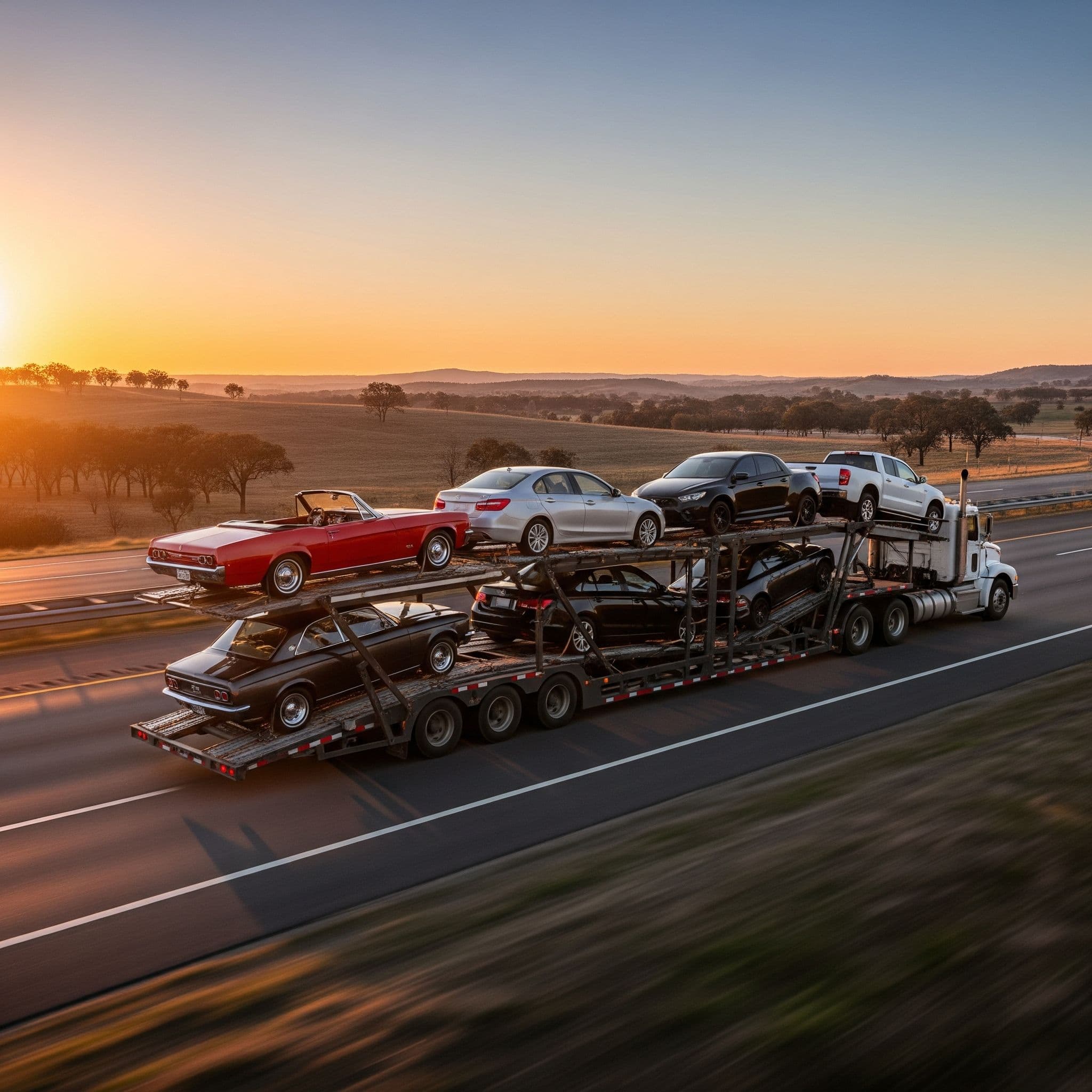 Car carrier truck transporting vehicles on a forest road